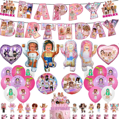 Pink Roblox Balloons Happy Birthday Banner Party Decoration Hot Robot Game Cake Topper Disposable Tableware Kids Girl Background