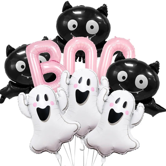 Halloween Ghost Balloons Set Pink BOO Ghost Bat Foil Balloon for Halloween Themed Party Decoration Supplies