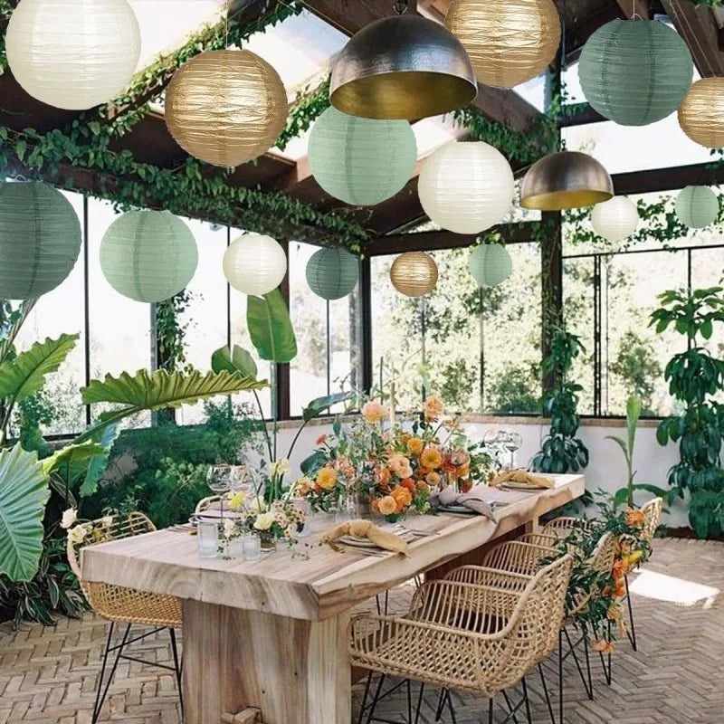15Pcs Sage Green Set Round Paper Lantern For Baby Girl Shower Decoration Baptism Party Decor Hanging Pompom Crafts Ornament