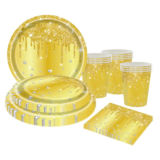 10Guests Gold Diamond Gilding Disposable Tableware Wedding Birthday Plates Napkins Happy Birthday Party Supplies