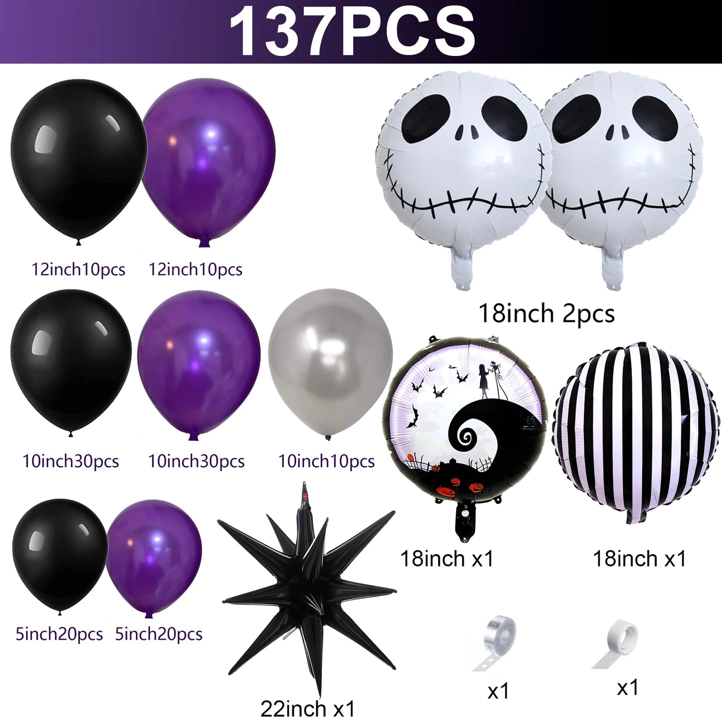 Halloween Party Balloon Garland Kit Nightmare Before Christmas Purple Black Balloon with Skull for Halloween Birthday Decoration
