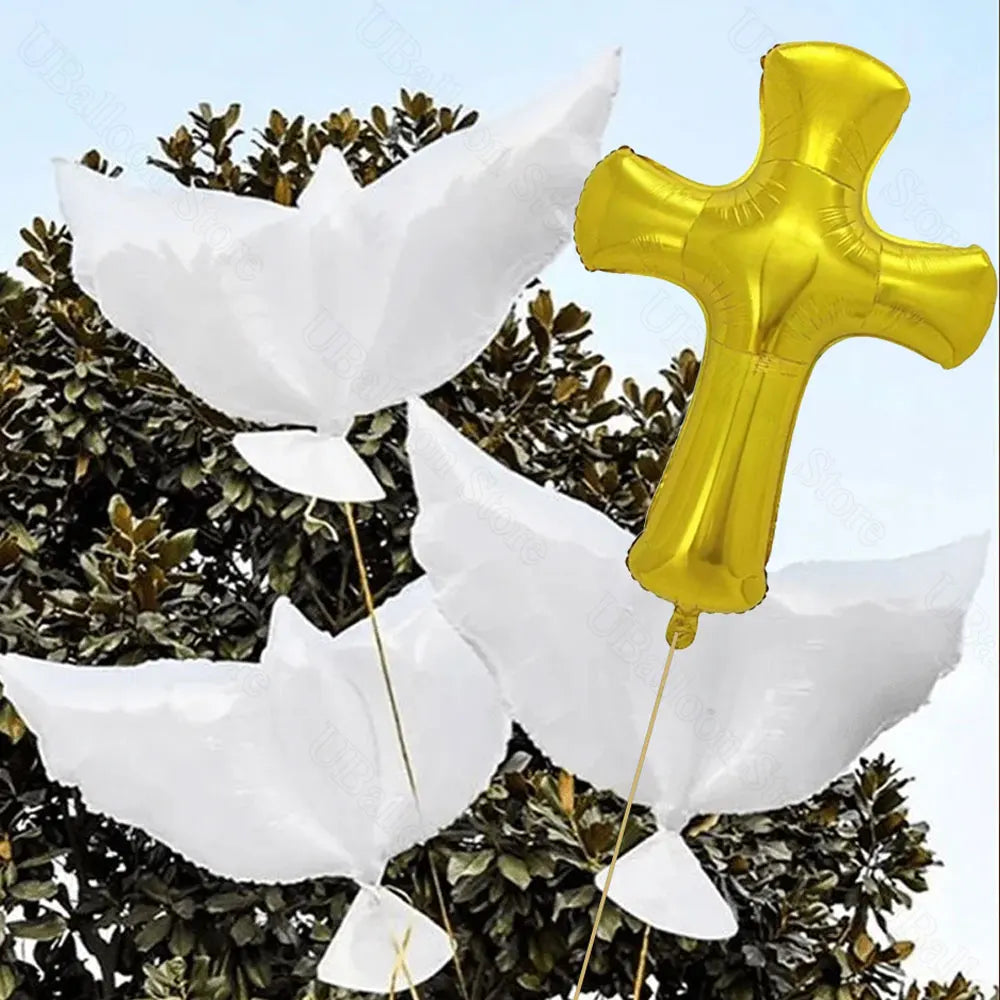 3Pcs Pigeon Cross Foil Balloons White Peace Dove Gold Cross Helium Balloon for Baby Shower Birthday Baptism Wedding Party Decor