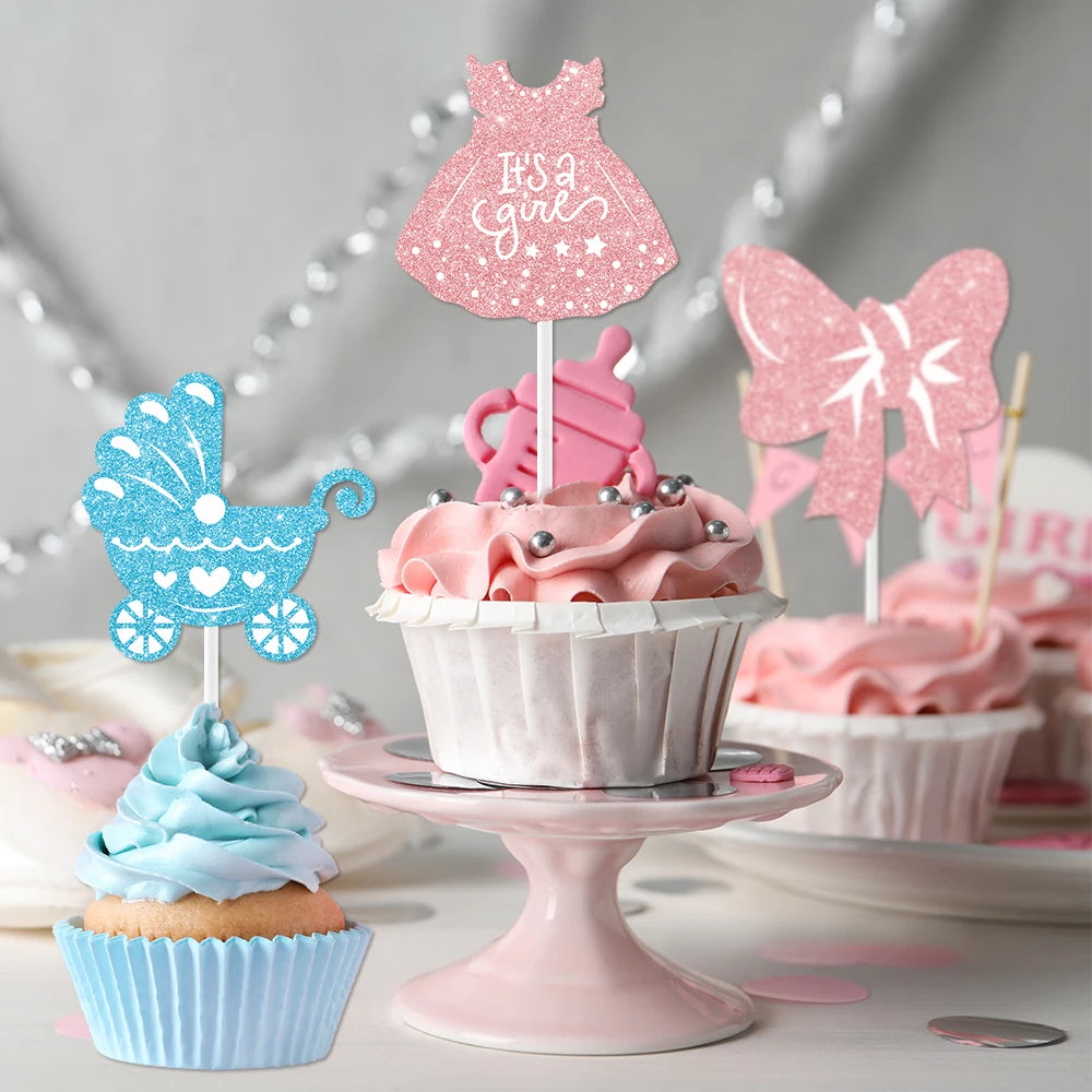 12/24pcs Boy or Girl Cupcake Toppers Glitter Feet Onesie Dress Gender Reveal cake picks Cake Decoration Baby Shower kid birthday