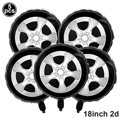 Car Race Balloons Traffic Cones Black White Checkered Flags Racing Wheel tire Foil Balloon Kids Car Birthday Party Decorations