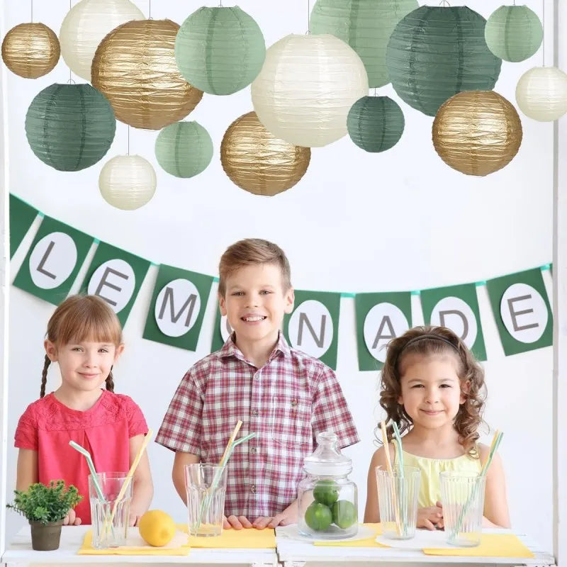 15Pcs Sage Green Set Round Paper Lantern For Baby Girl Shower Decoration Baptism Party Decor Hanging Pompom Crafts Ornament