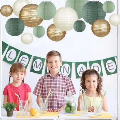 15Pcs Sage Green Set Round Paper Lantern For Baby Girl Shower Decoration Baptism Party Decor Hanging Pompom Crafts Ornament