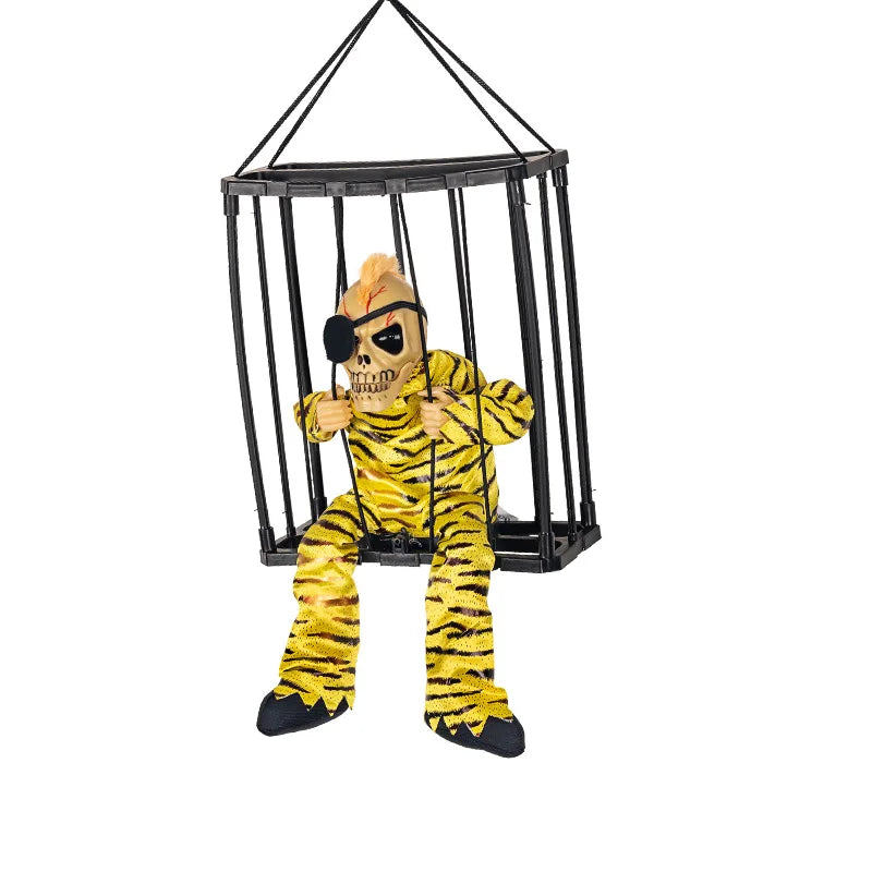 Halloween Decoration Prisoner Ghost In Cage Scary Skull Prop Electric Skeleton Toy Glowing Eye Sound Doll Hangable Talking Ghost