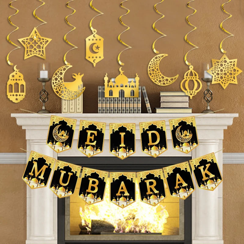 Eid Mubarak Paper Banner Garland 2025 Ramadan Moon Star Mosque Hanging Swirl Home Decoration Ornaments Islamic Muslim Party Gift
