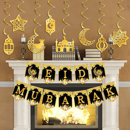 Eid Mubarak Paper Banner Garland 2025 Ramadan Moon Star Mosque Hanging Swirl Home Decoration Ornaments Islamic Muslim Party Gift