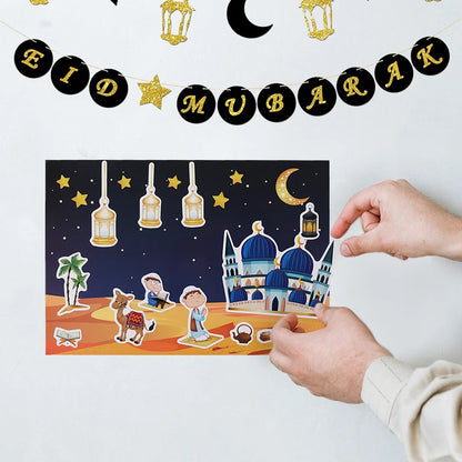 12pcs Eid Mubarak DIY Stickers Kids Gift Puzzle Game Toys Islam Muslim Party Supplies 2025 Ramadan Home Decoration Wall Sticker