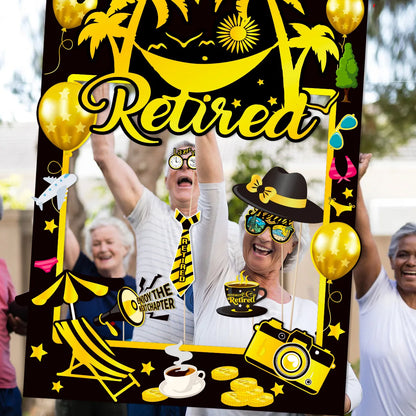 Retirement Theme Black Paper Photo Booth Props Photo Frame Dress Up Costume Mask for Happy Retirement Birthday Party Decoration