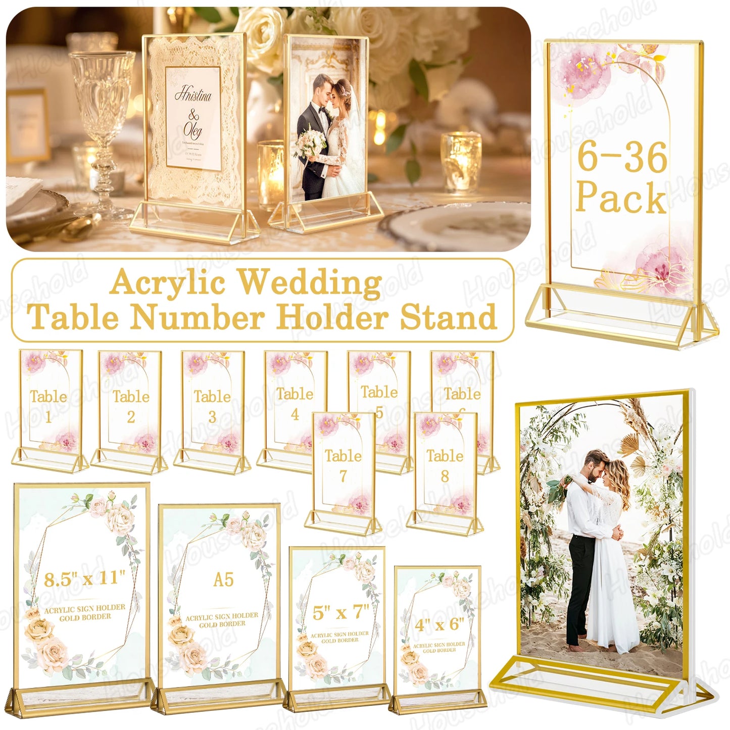 6-36 Transparent Acrylic Signage Gold Picture Frames Double-sided Display Stand Wedding Number Plate Table Flyer Menu Card Rack