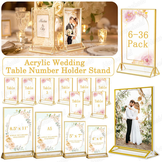 6-36 Transparent Acrylic Signage Gold Picture Frames Double-sided Display Stand Wedding Number Plate Table Flyer Menu Card Rack