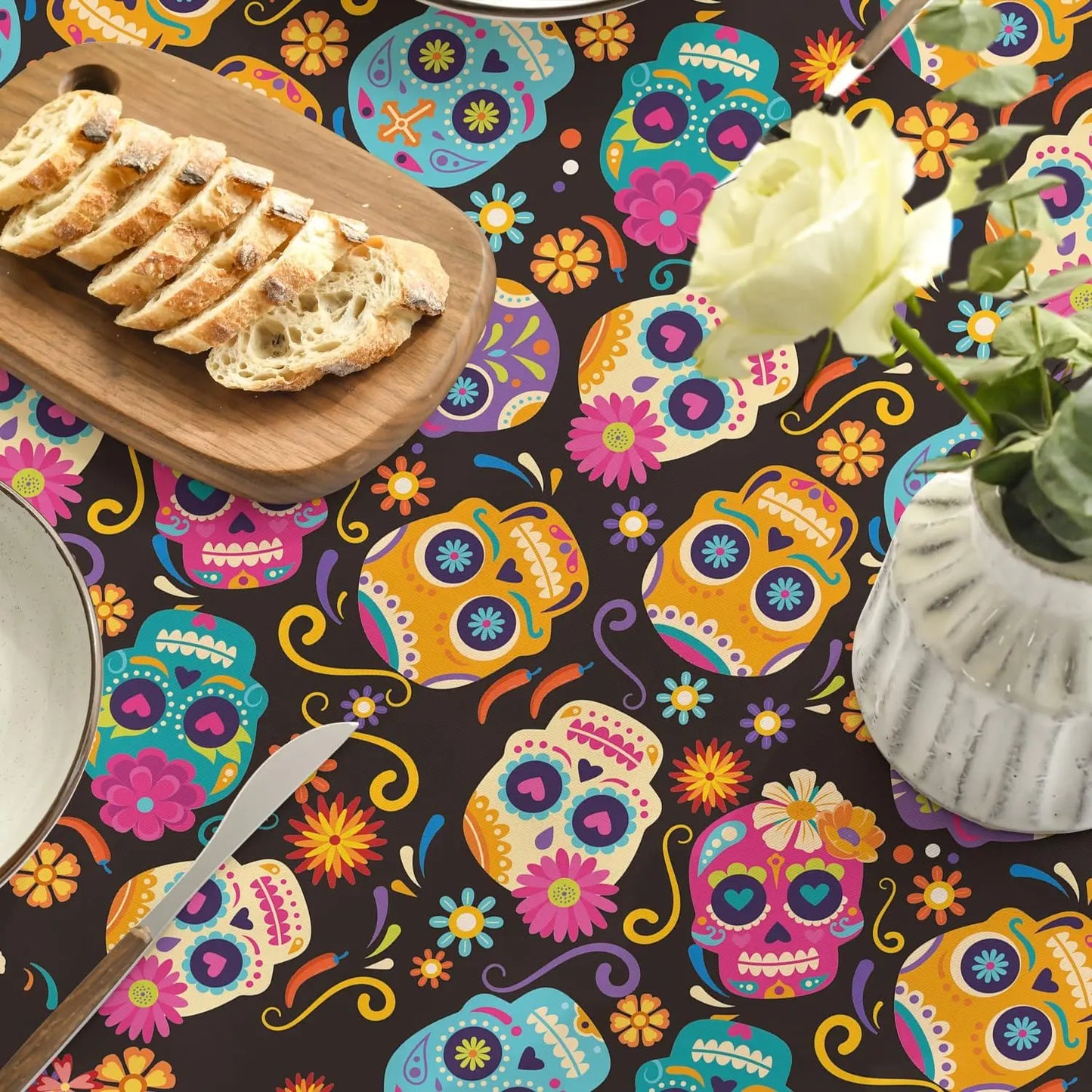 Halloween Mexico Day of The Dead Sugar Skull Flower Fabric Tablecloth Table Decor Waterproof Tablecloth for Table Party Supplies