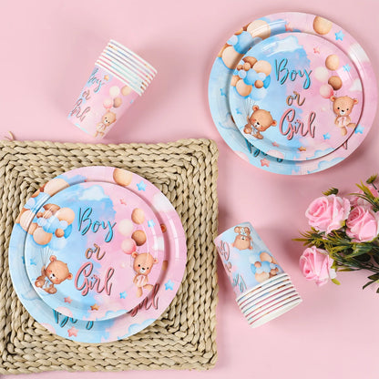 Teddy Bear Gender Reveals Baby Shower Disposable Tableware Sets Pink Blue Napkin Plate Boy or Girl Happy Birthday Party Supplies