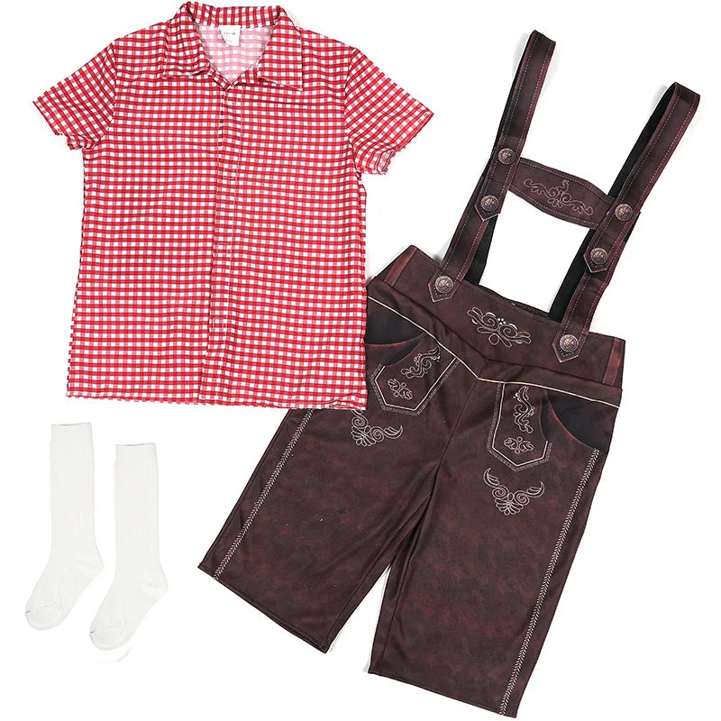 New Boy Oktoberfest Costume Traditional National Plaid Shirt Lederhosen With Socks Cosplay Carnival Fancy Party Dress