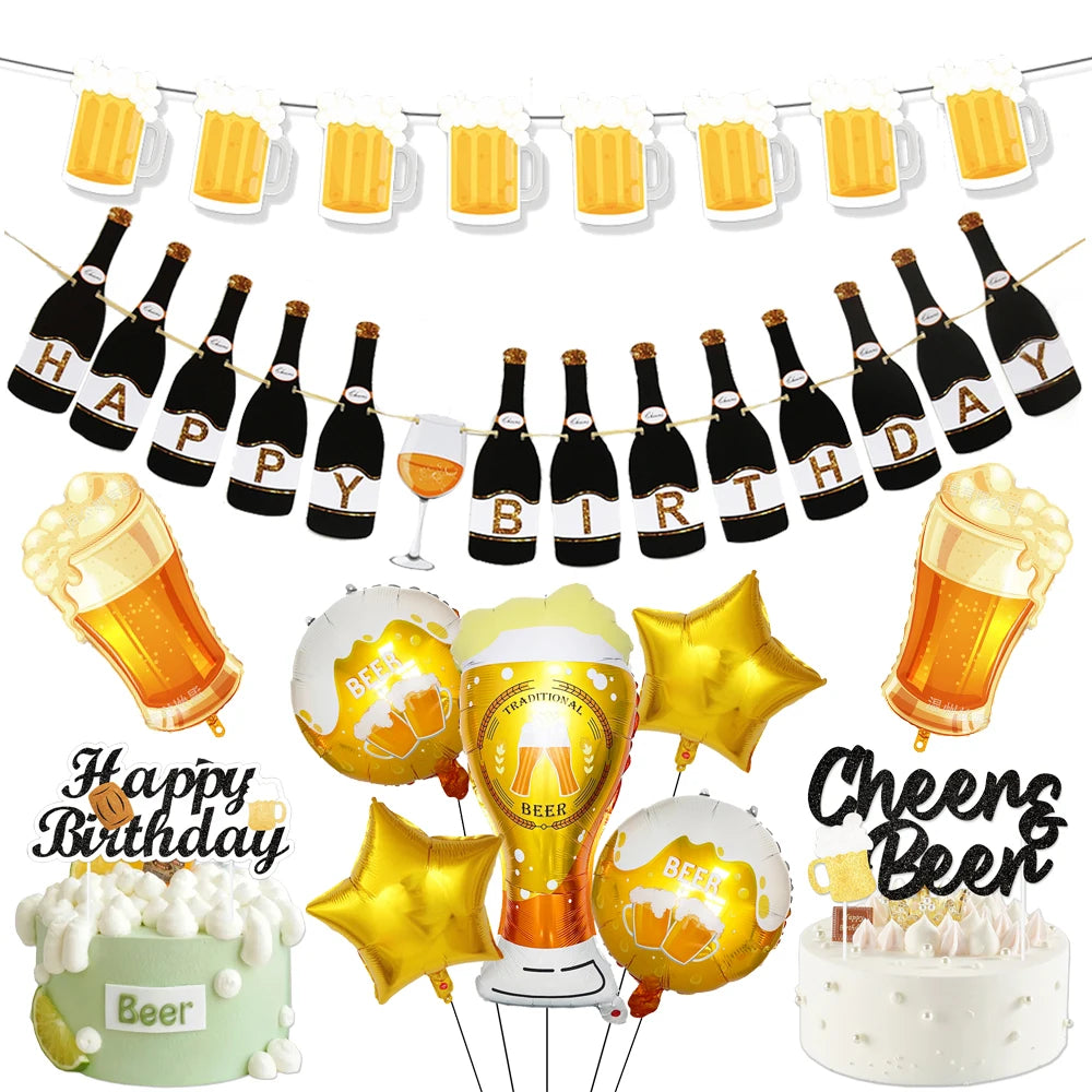 Beers Happy Birthday Party Banner Beer Cups Balloon Cheers Cake Topper Decorations Men Beer Birthday Bachelorette Party Supplies