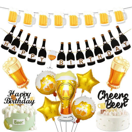 Beers Happy Birthday Party Banner Beer Cups Balloon Cheers Cake Topper Decorations Men Beer Birthday Bachelorette Party Supplies