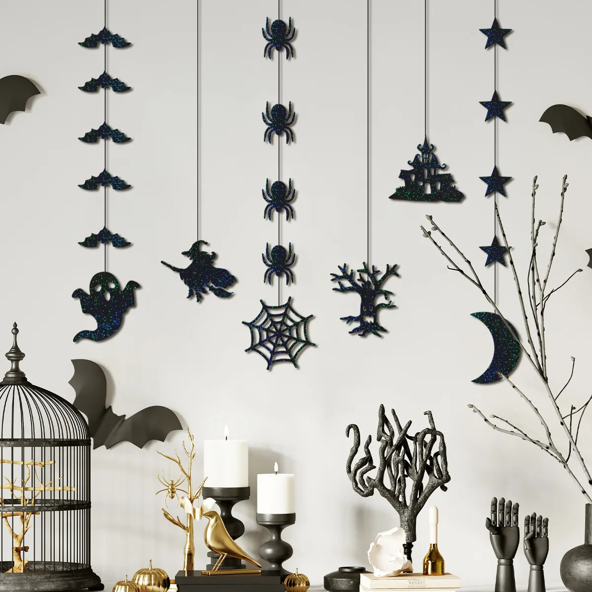 6pcs Halloween Hanging Banner Garland Scary Spider Witch Ghost Bat Pendant Ornament Happy Halloween Party Decorations for Home