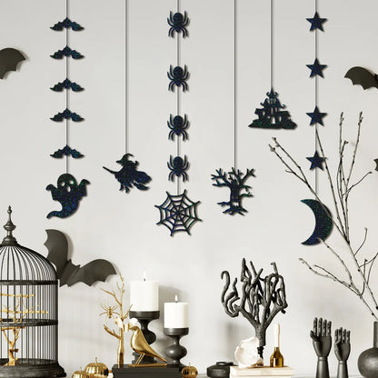 6pcs Halloween Hanging Banner Garland Scary Spider Witch Ghost Bat Pendant Ornament Happy Halloween Party Decorations for Home