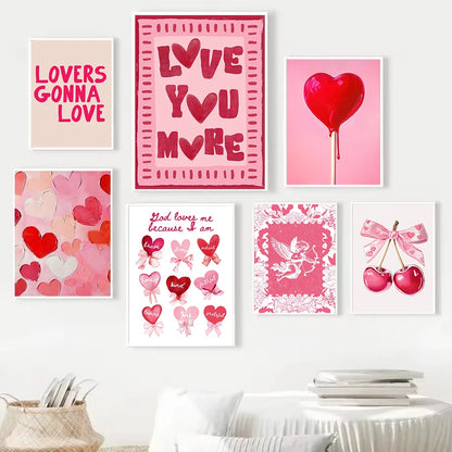 Retro Cute Pink Cherries Bow Heart Lollipop Love Valentine Illustration Poster Canvas Painting Wall Pictures Modern Home Decor