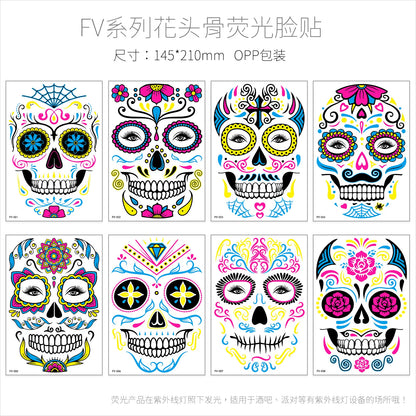 1/4/8PCS Waterproof Fluorescent Temporary Tattoo Neon Halloween Stickers Day of the Dead Party Festival Night Bar Face Stickers