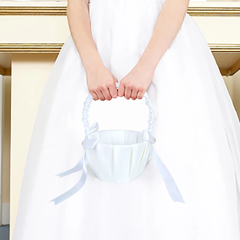 20 cm White Flower Girls Basket Silk Wedding Basket for Flower Bride/Kids Hand Held Wedding Ceremony Party Decorations