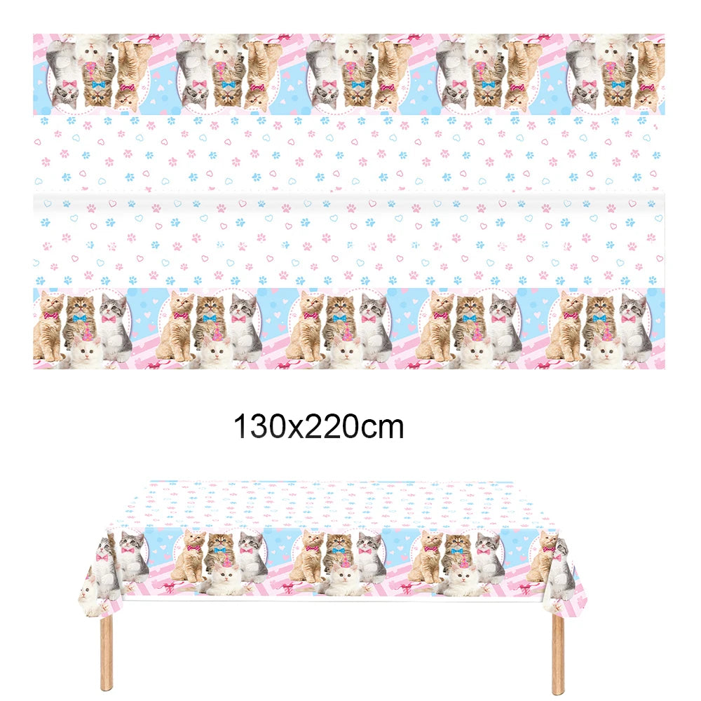 Cat Themed Party Tableware Set Paper Plates Napkins Tablecloth Banner Kitten Girls Birthday Party Decorations Supplies