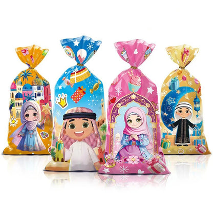 50pcs Eid Mubarak Gift Bags Plastic Cellophane Treat Bags Ramadan Decorations Clear Goodie Candy Bags for Hajj Mubarak Decor