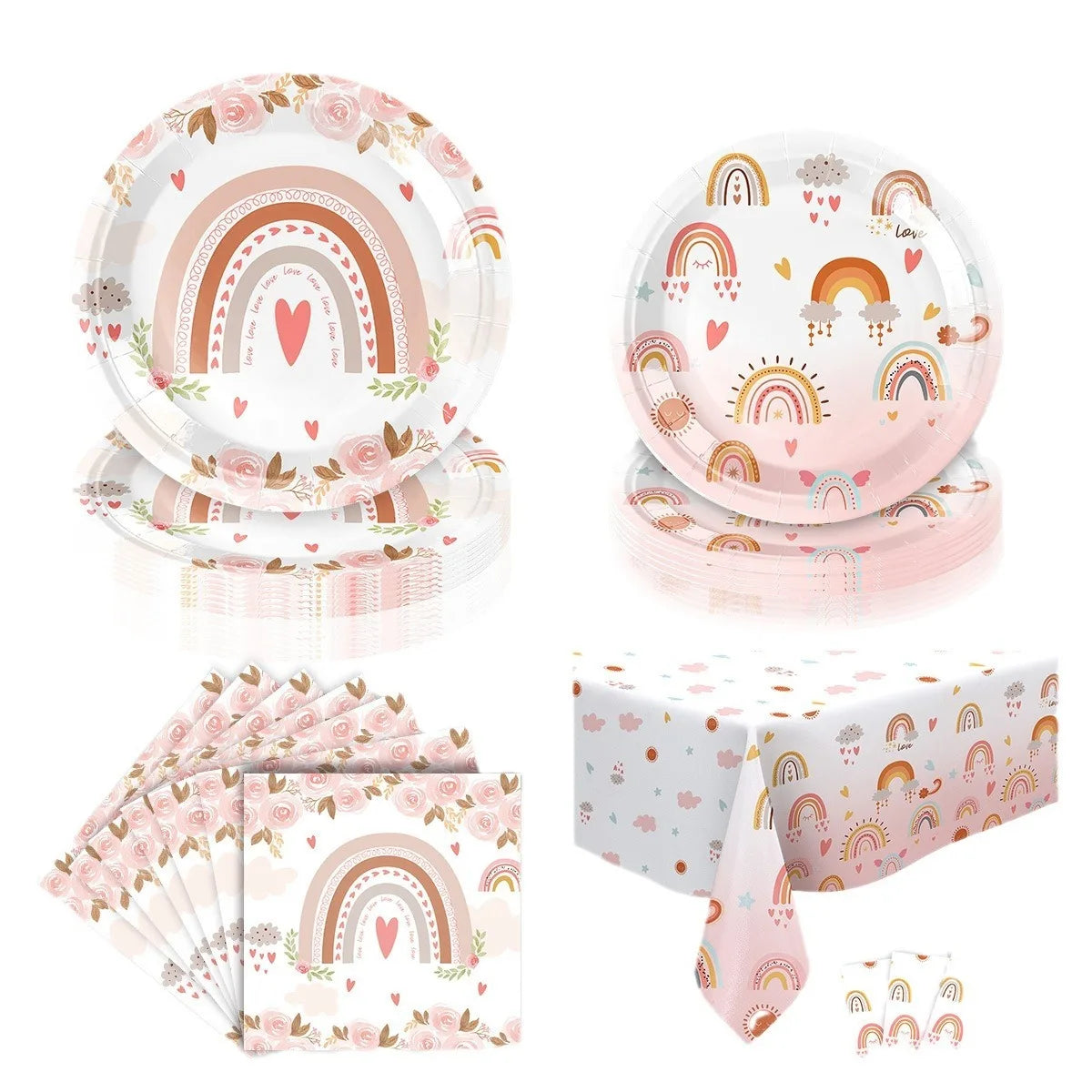 Bohemian Boho Rainbow Birthday Party Decorations Girls Birthday Supplies Rainbow Heart Tableware Paper Plates Papers Cup