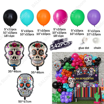 142pcs Fiesta Mexico Day of The Dead Theme Balloon Garland Arch Kit Multicolor Skull Foil Balloon Mexican Photography Backdrop