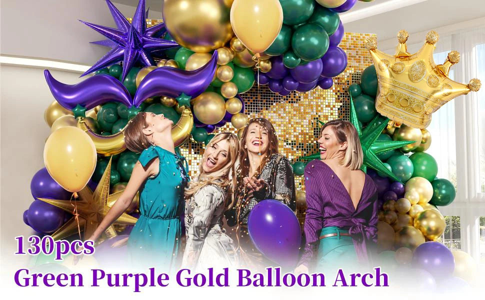 130pcs Mardi Gras Balloon Garland Arch Kit Green Purple Gold for Fat Tuesday Carnival Birthday Masquerade Party Decorations