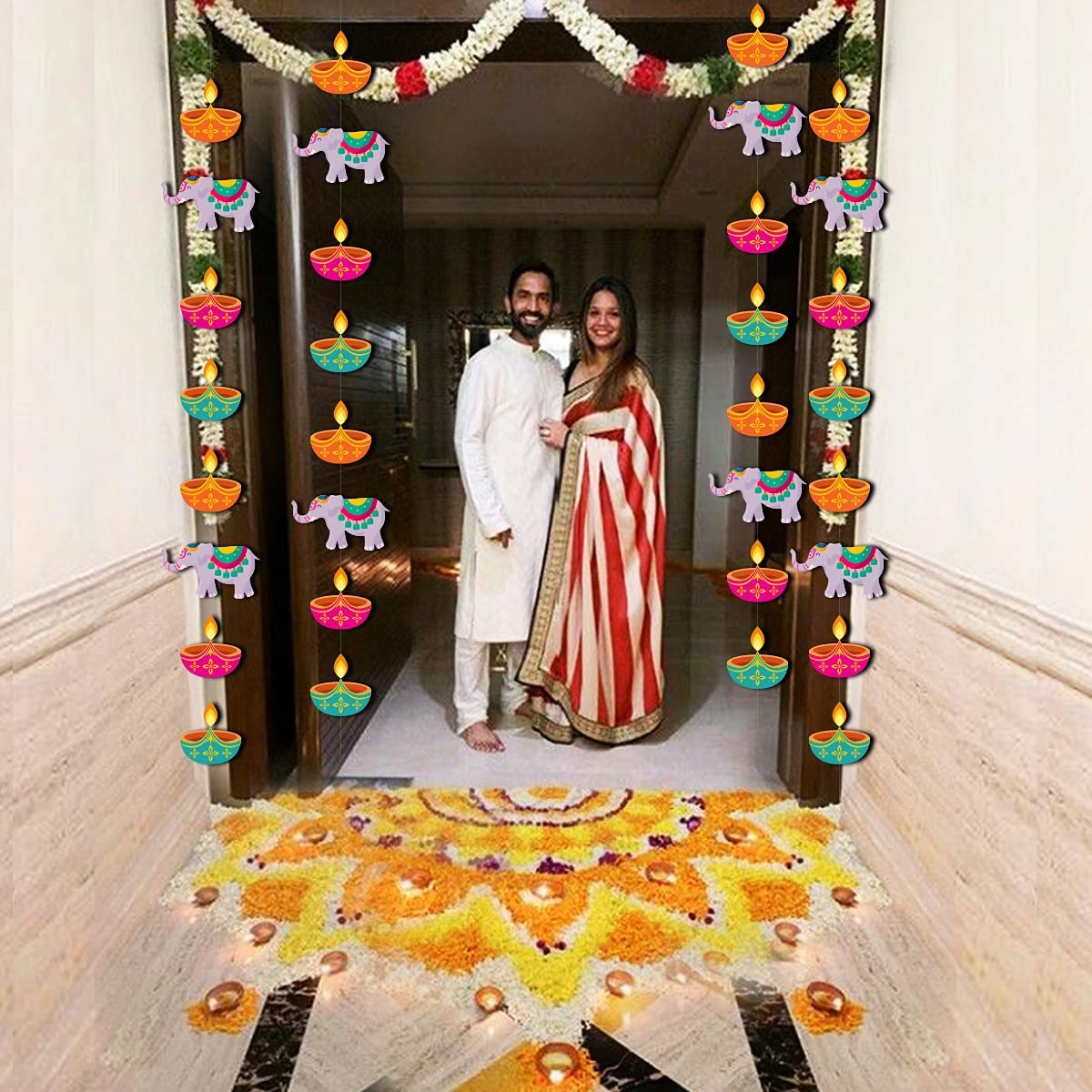 Happy Diwali Festival Hanging Flower wreath Lighting Decoration Door Curtain Flowing Light Indoor and Outdoor Hanging Decoration