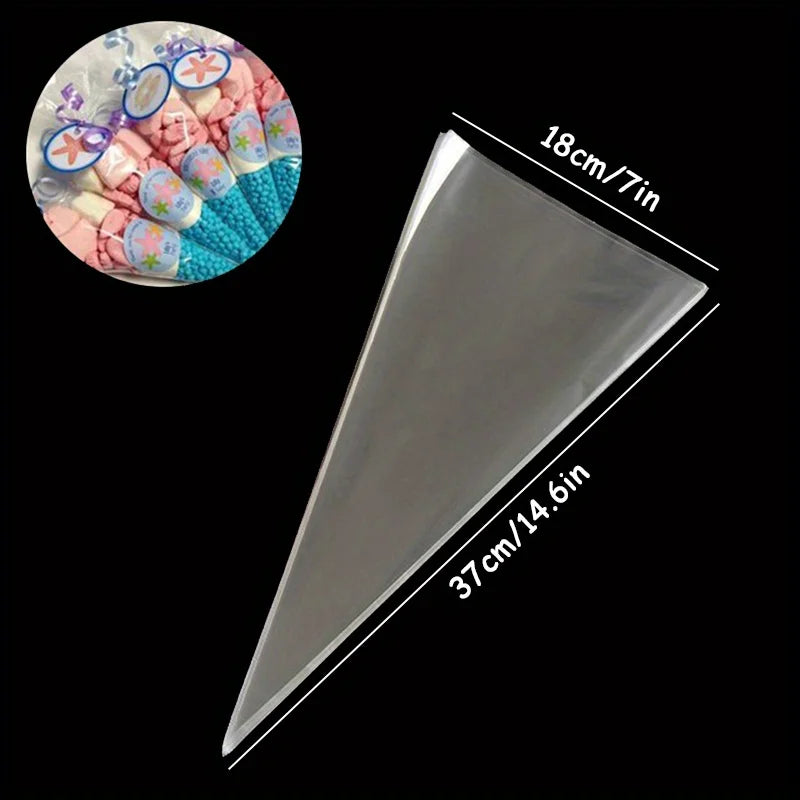 50pcs Transparent Cone Candy Bags Favors Sweet Cookies Storage Packaging Cellophane Bag Birthday Easter Party Decor Gift
