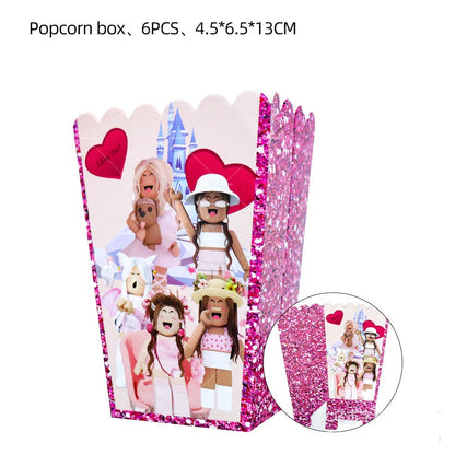Pink Roblox Balloons Happy Birthday Banner Party Decoration Hot Robot Game Cake Topper Disposable Tableware Kids Girl Background