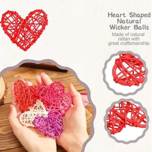 50/100pcs 5cm Wicker Rattan Heart Vase Fillers Bowel Centerpieces, Rattan Hearts Decorative Hanging Ornament for Valentine's Day