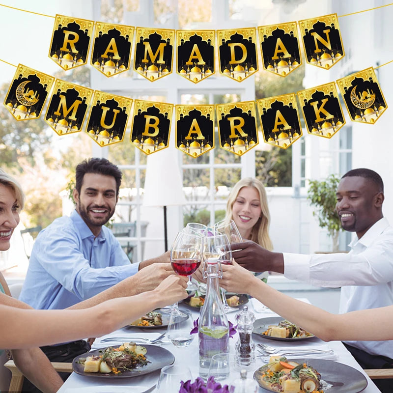 Eid Mubarak Paper Banner Garland 2025 Ramadan Moon Star Mosque Hanging Swirl Home Decoration Ornaments Islamic Muslim Party Gift