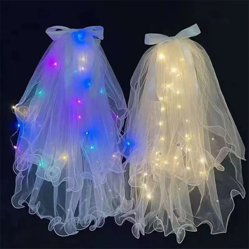 Bridal Veil Wedding Veils Women's White Tulle Short Veils Ribbon Edge With LED Light for Brides Bachelorette Hen Party Costume