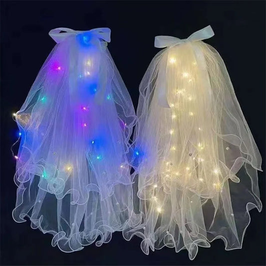 Bridal Veil Wedding Veils Women's White Tulle Short Veils Ribbon Edge With LED Light for Brides Bachelorette Hen Party Costume
