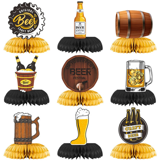 9Pcs Oktoberfest Theme Desktop Honeycomb Ornaments for Adults Boy Beer Festival Theme Birthday Party Background Props Decoration