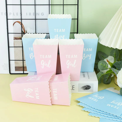 6pcs Gender Reveal Boy or Girl Popcorn Box Team Boy Girl Candy Treat Box Baby Shower Birthday Party Decor Packaging Supplies