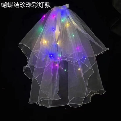 Bridal Veil Wedding Veils Women's White Tulle Short Veils Ribbon Edge With LED Light for Brides Bachelorette Hen Party Costume