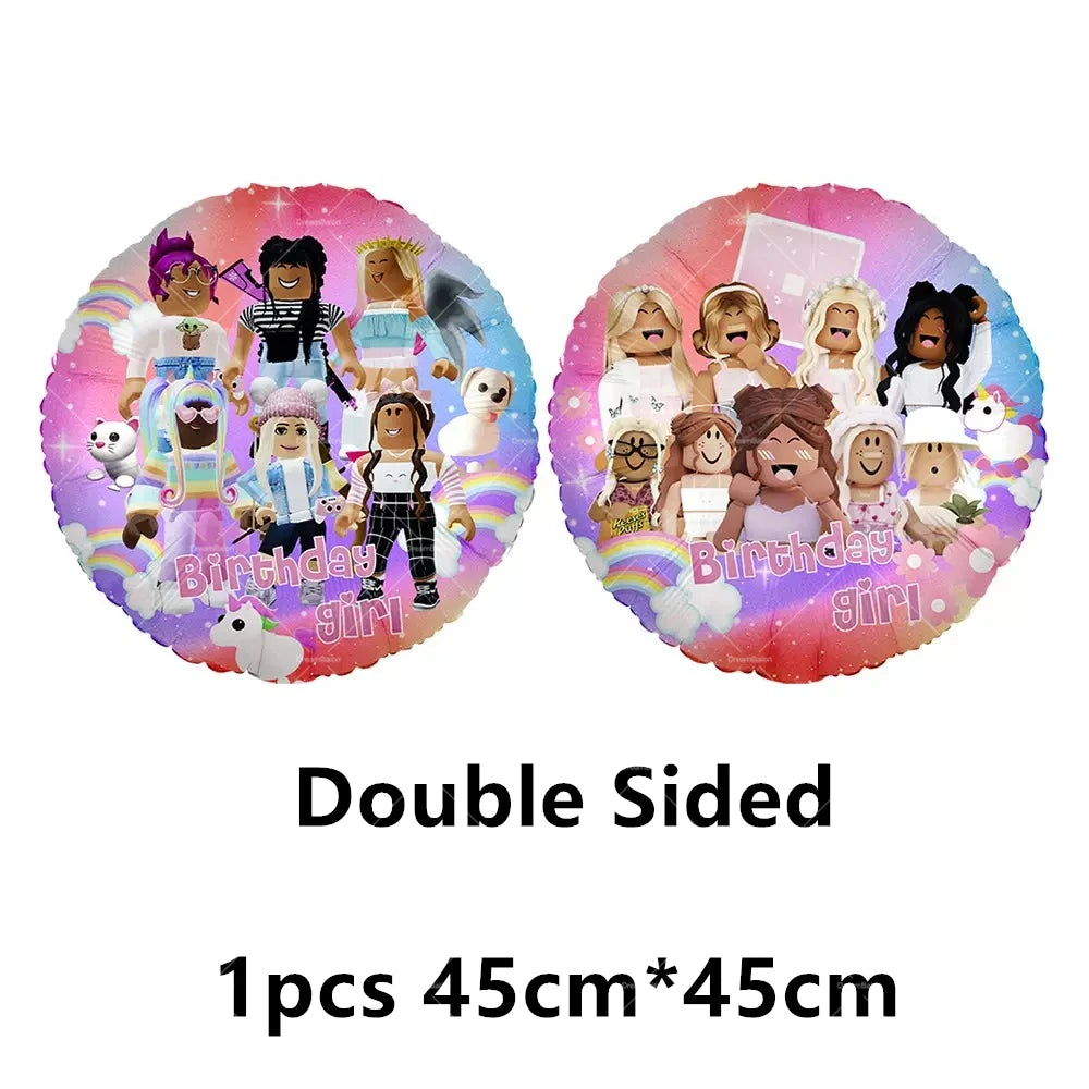 Pink Roblox Balloons Happy Birthday Banner Party Decoration Hot Robot Game Cake Topper Disposable Tableware Kids Girl Background