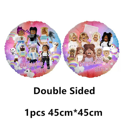 Pink Roblox Balloons Happy Birthday Banner Party Decoration Hot Robot Game Cake Topper Disposable Tableware Kids Girl Background
