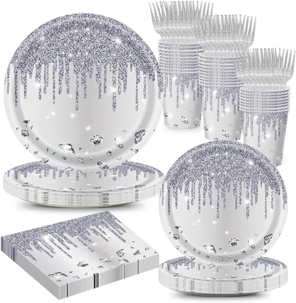 10Guests Silver Shiny Diamond Disposable Tableware Wedding Paper Plate Cups Napkin Happy Princess Birthday Party Decor
