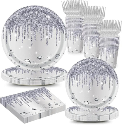 10Guests Silver Shiny Diamond Disposable Tableware Wedding Paper Plate Cups Napkin Happy Princess Birthday Party Decor