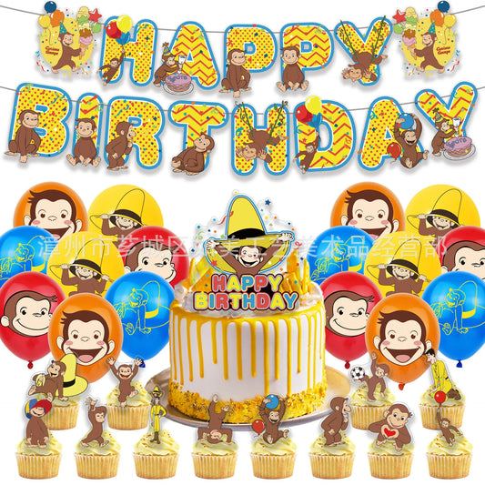 Curious Monkey Party Supplies Theme Children's Birthday Party Decoratio Set Cake Birthday Banner Balloons Cupcake Toppers Kids