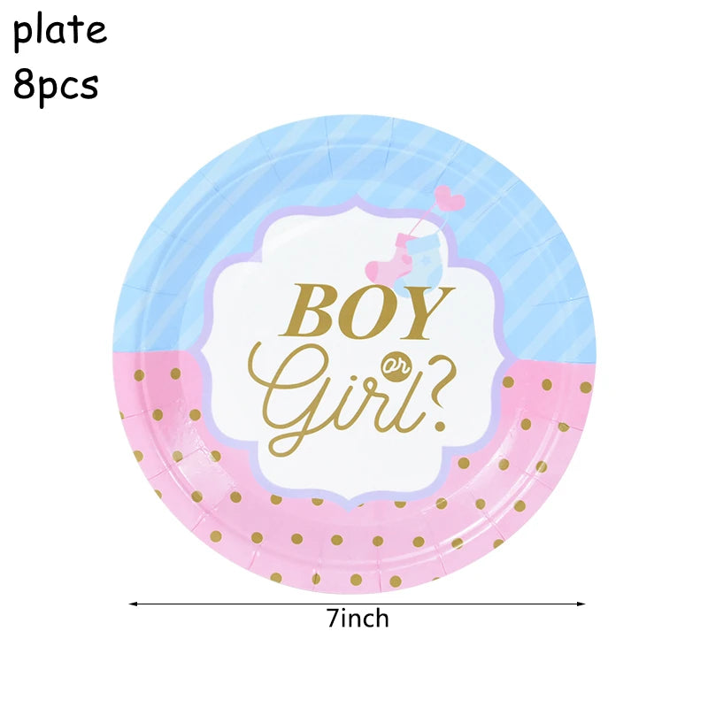 Gender Reveal Disposable Tableware Pink Blue Boy or Girl Plate Napkin Cup Tablecloth Baby Shower Party Table Decoration Supplies