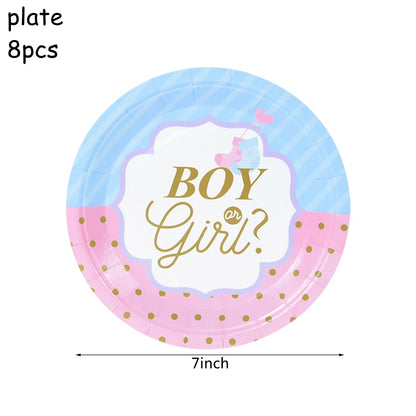 Gender Reveal Disposable Tableware Pink Blue Boy or Girl Plate Napkin Cup Tablecloth Baby Shower Party Table Decoration Supplies