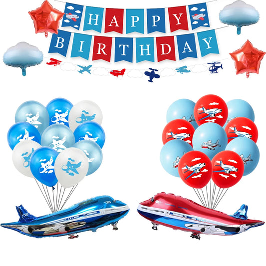 Airplane Party Decoration 12Inch Blue White Latex Balloons Big Plane Foil Cloud Balloon Set for Kids Boys Aviator Theme Birthday
